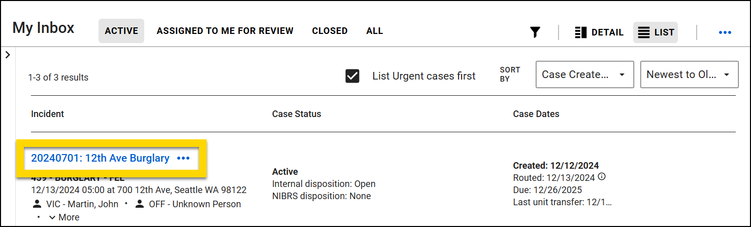 The image shows a case inbox with one case listed. The case name is highlighted in yellow, displaying 20240701: 12th Ave Burglary.