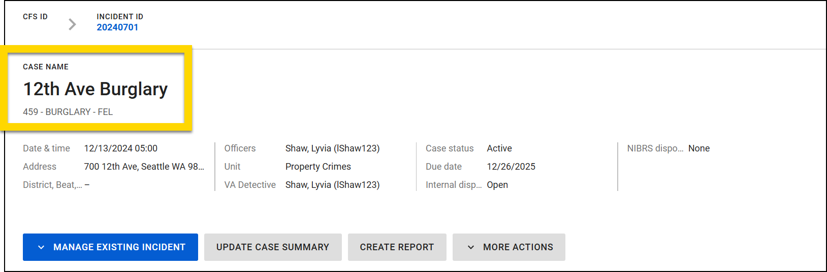 The image shows a case profile displaying details of a specific case. The case name is highlighted in yellow and includes a description and classification code beneath it.