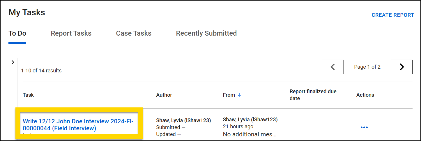 The image shows a My Tasks inbox. A table lists tasks with various columns. One task is highlighted in yellow, showing its title, ID, and type in parentheses.