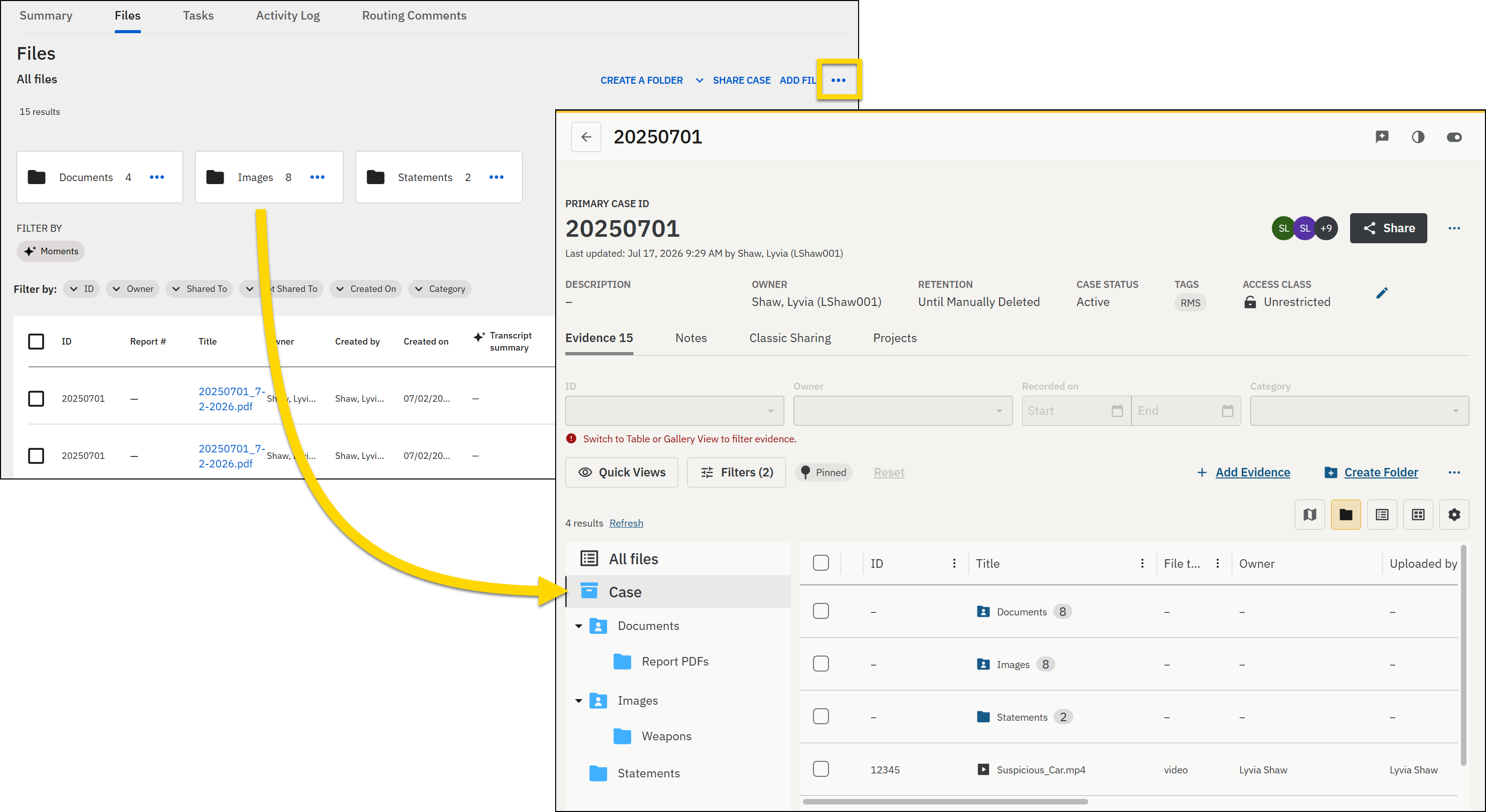 Shows two layered screenshots of the Files tab in Axon Records or Standards and the Evidence tab in Axon Evidence.