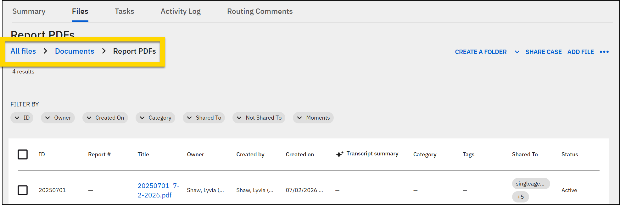 The screenshot shows the Files tab with a navigation breadcrumb indicating the user is in the Statements folder within Documents. Below, a table lists files with columns for ID, report number, title, owner, creation date, and status.
