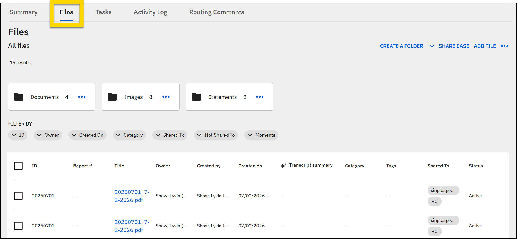 Files tab selected in a case showing 15 files in Documents, Images, and Statements folders with a filterable list below.