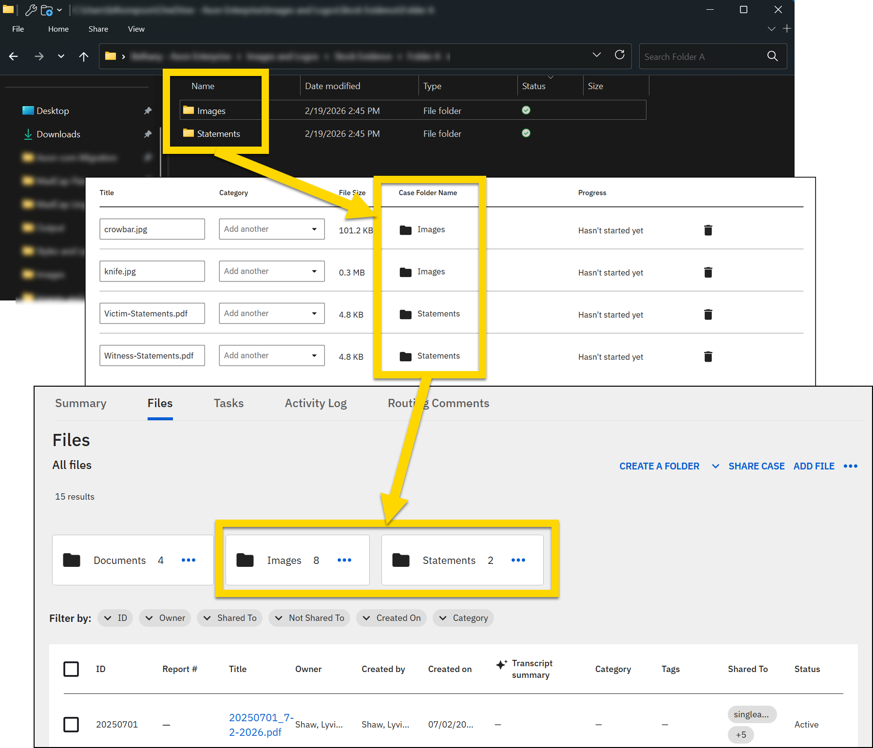 Displays three layered screenshotsa file explorer window with folders, the Upload Files window, and the Files tab, displaying folders with their file counts.