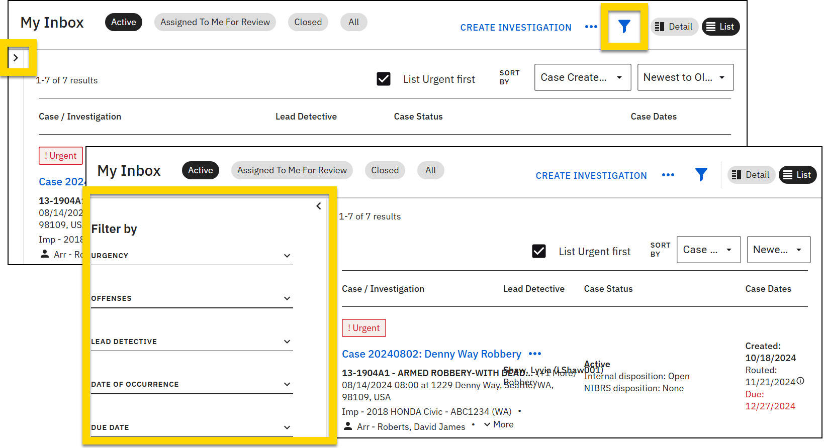 Shows where to click to reveal the case inbox filters.
