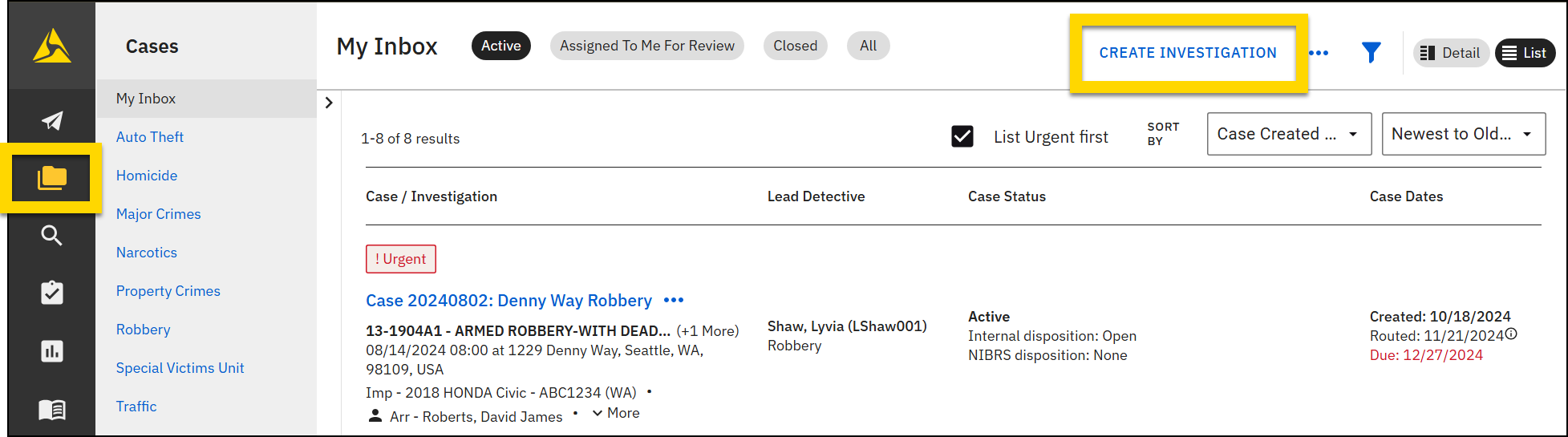 The image displays the My Inbox in the Case Management module with the Create Investigation button highlighted in yellow.