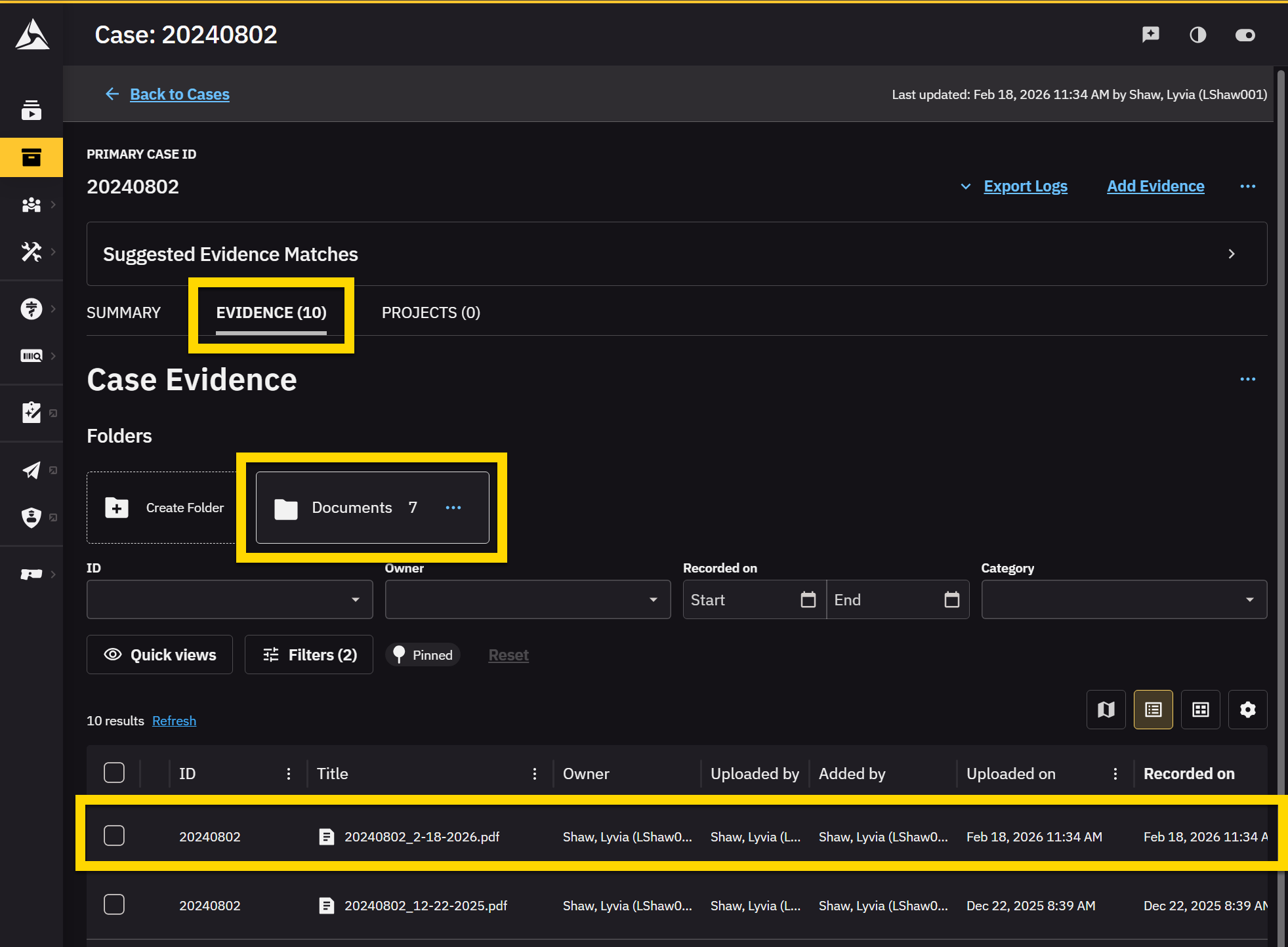The image shows the Evidence tab of a case in Axon Evidence, displaying case evidence folders and document details. The yellow highlight emphasizes the Evidence tab, the Documents folder, and a specific document entry in the list. The document entry includes details such as ID, title, owner, and upload date.