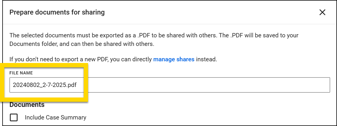 The image shows a pop-up window titled Prepare documents for sharing. The yellow highlight emphasizes the File Name field, which contains a generated PDF file name.