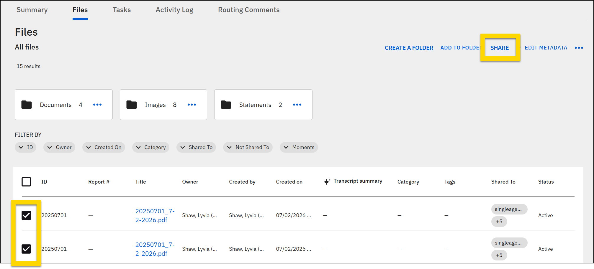 Files tab on a case profile with two files selected via checkboxes and the Share button highlighted.