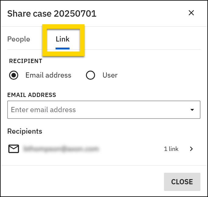 Share window with the Link tab selected, showing Email Address recipient option and an existing recipient with 1 link shared.