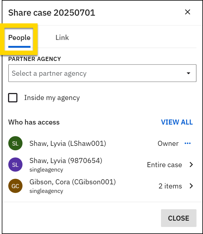 Share Case dialog with the People tab selected, showing partner agency selector and a list of users with their access levels.