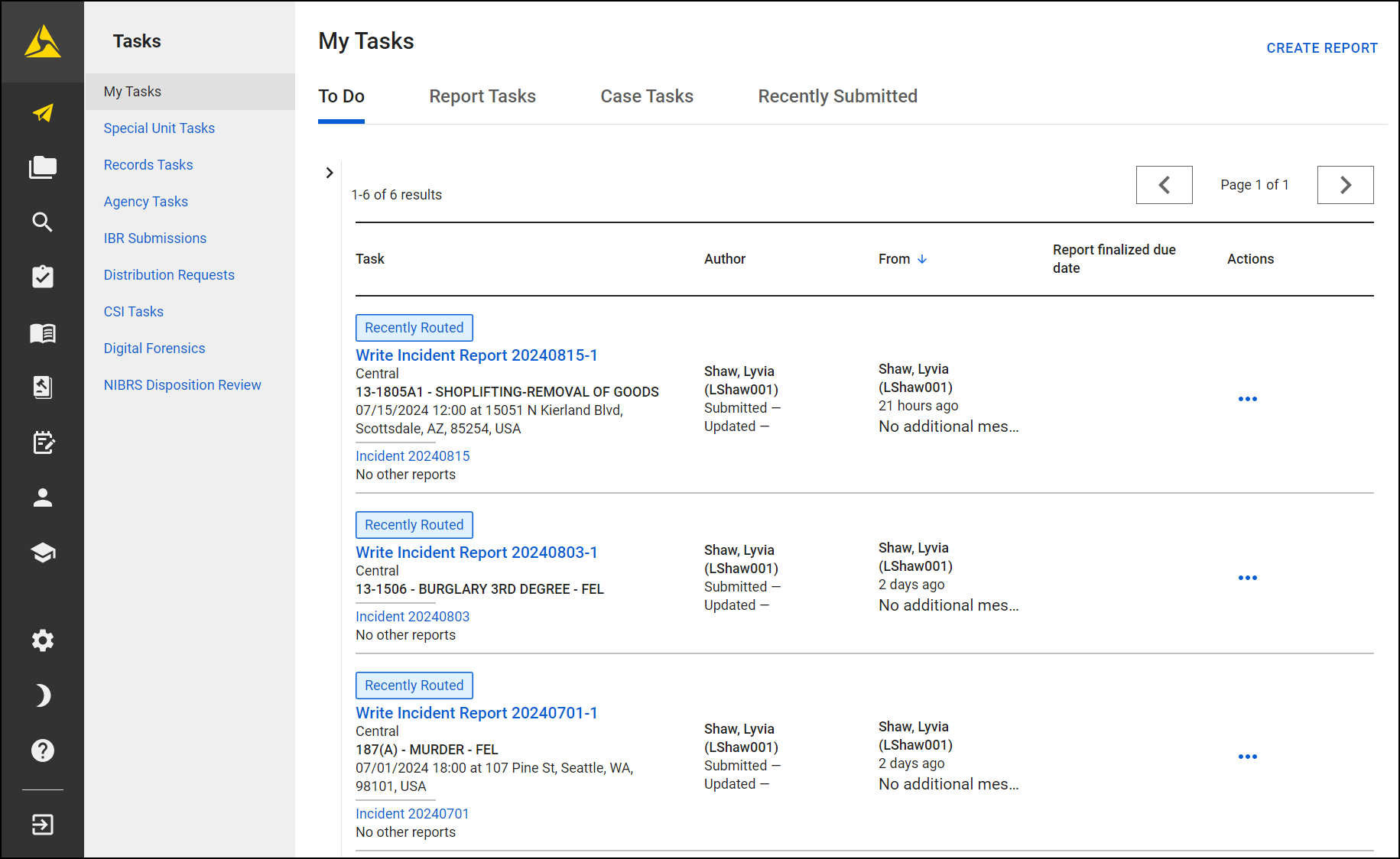 The image shows the My Tasks section of a task management interface. The To Do tab is selected, displaying a list of tasks with options for Report Tasks, Case Tasks, and Recently Submitted at the top. The tasks listed include incident reports with details such as the task title, author, submission time, and additional notes. Each task is labeled as Recently Routed, with a blue button and includes case details like incident type, date, and location. The sidebar on the left lists other task categories, including Special Unit Tasks, Records Tasks, Agency Tasks, and more.