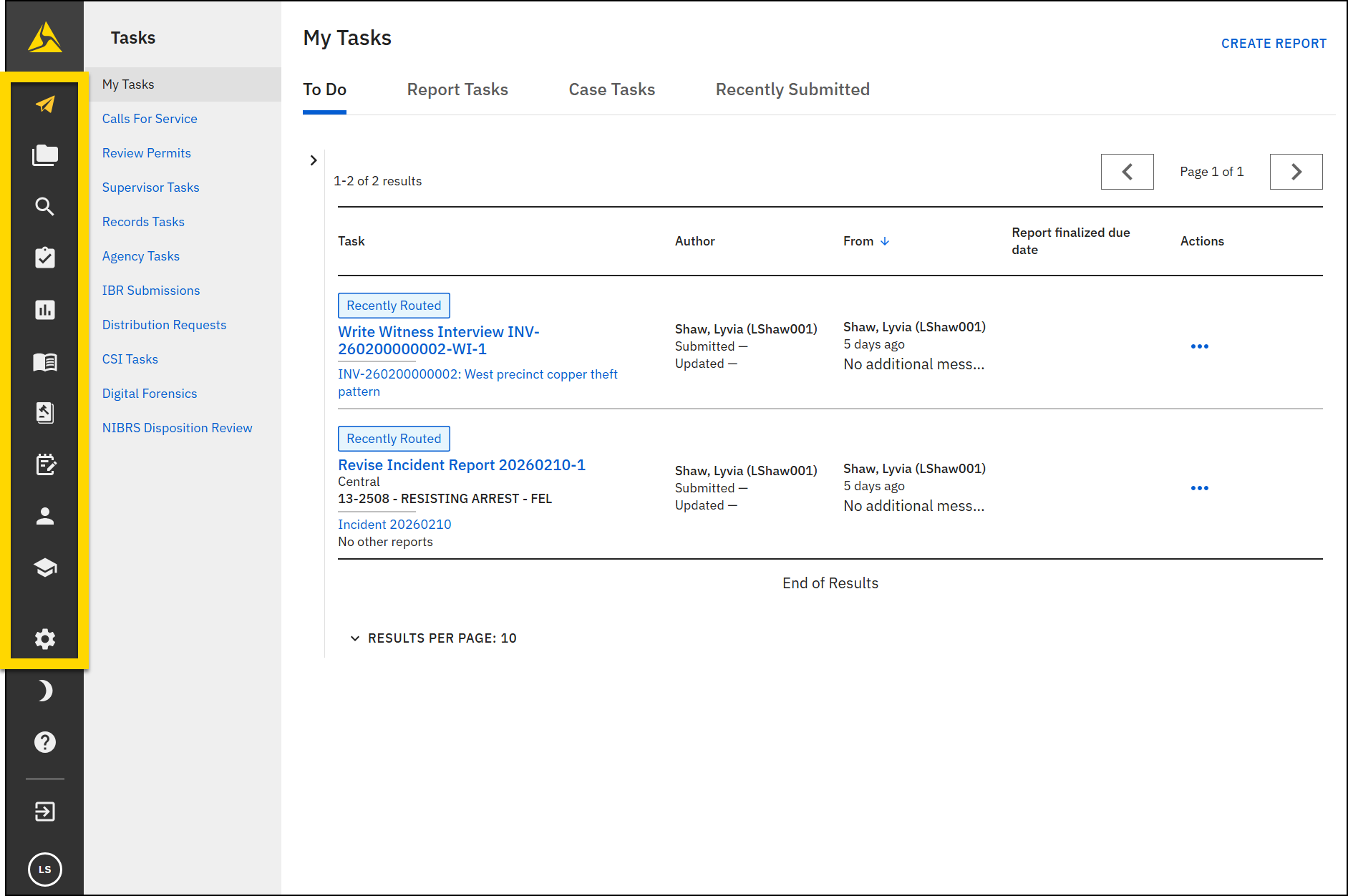 The image shows the My Tasks section of a task management interface. The icons in the sidebar are highlighted.
