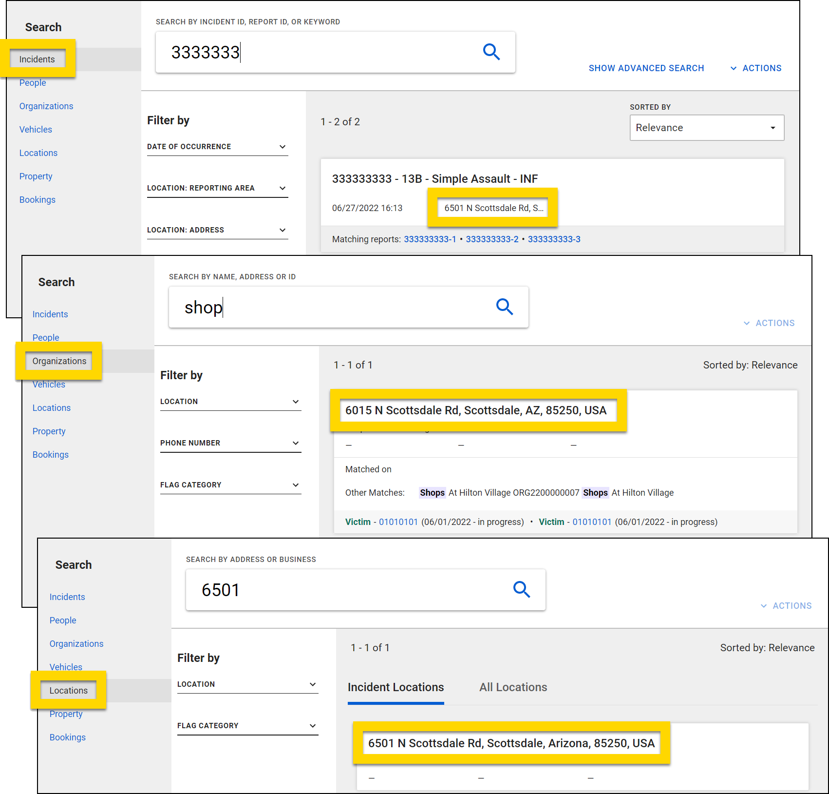 Shows how location information is displayed on search results.