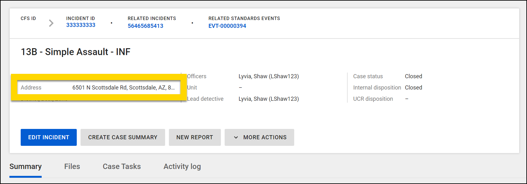 Shows how location information is displayed on incident profiles.