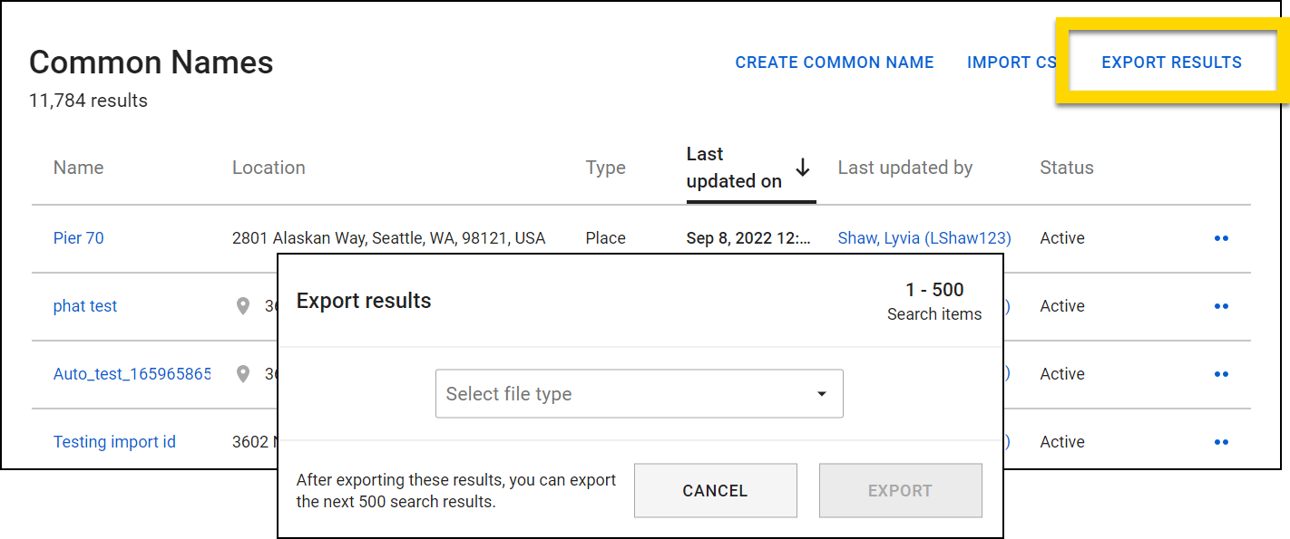 Shows how to export the list of an agency's common names.