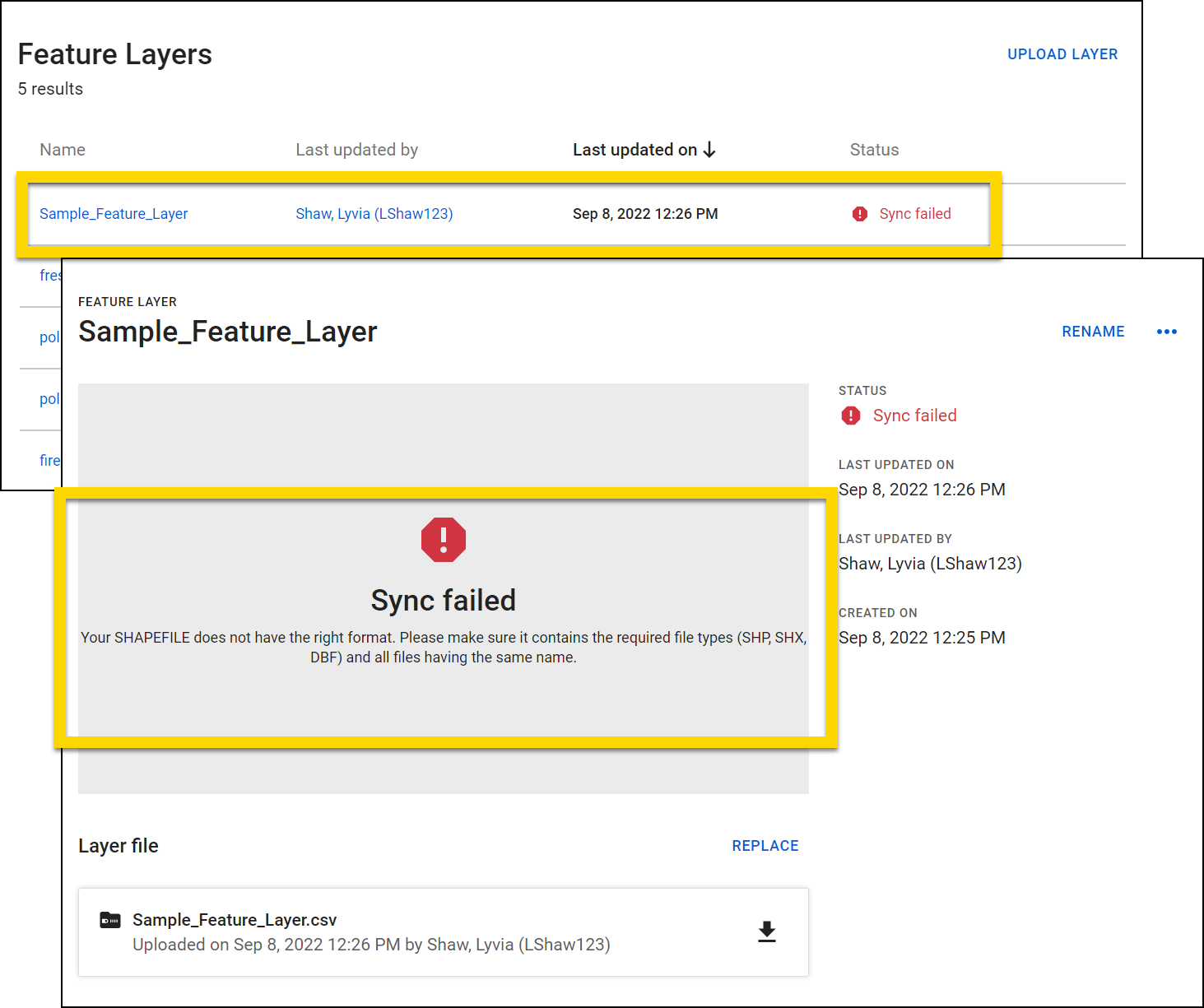 Shows what a sync failure looks like.