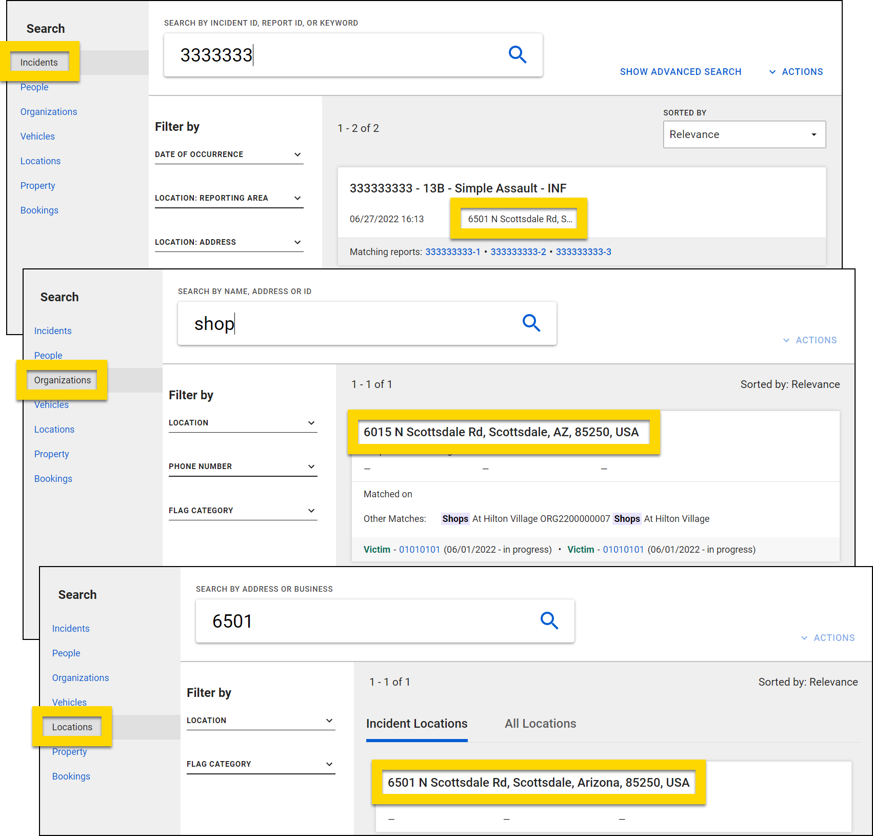 Shows how location information is displayed on search results.