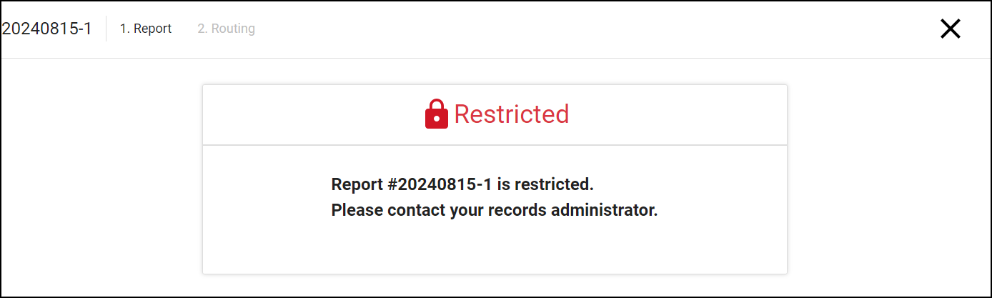 The image shows a message indicating that the report is restricted. It displays a red lock icon with the word Restricted in red text.