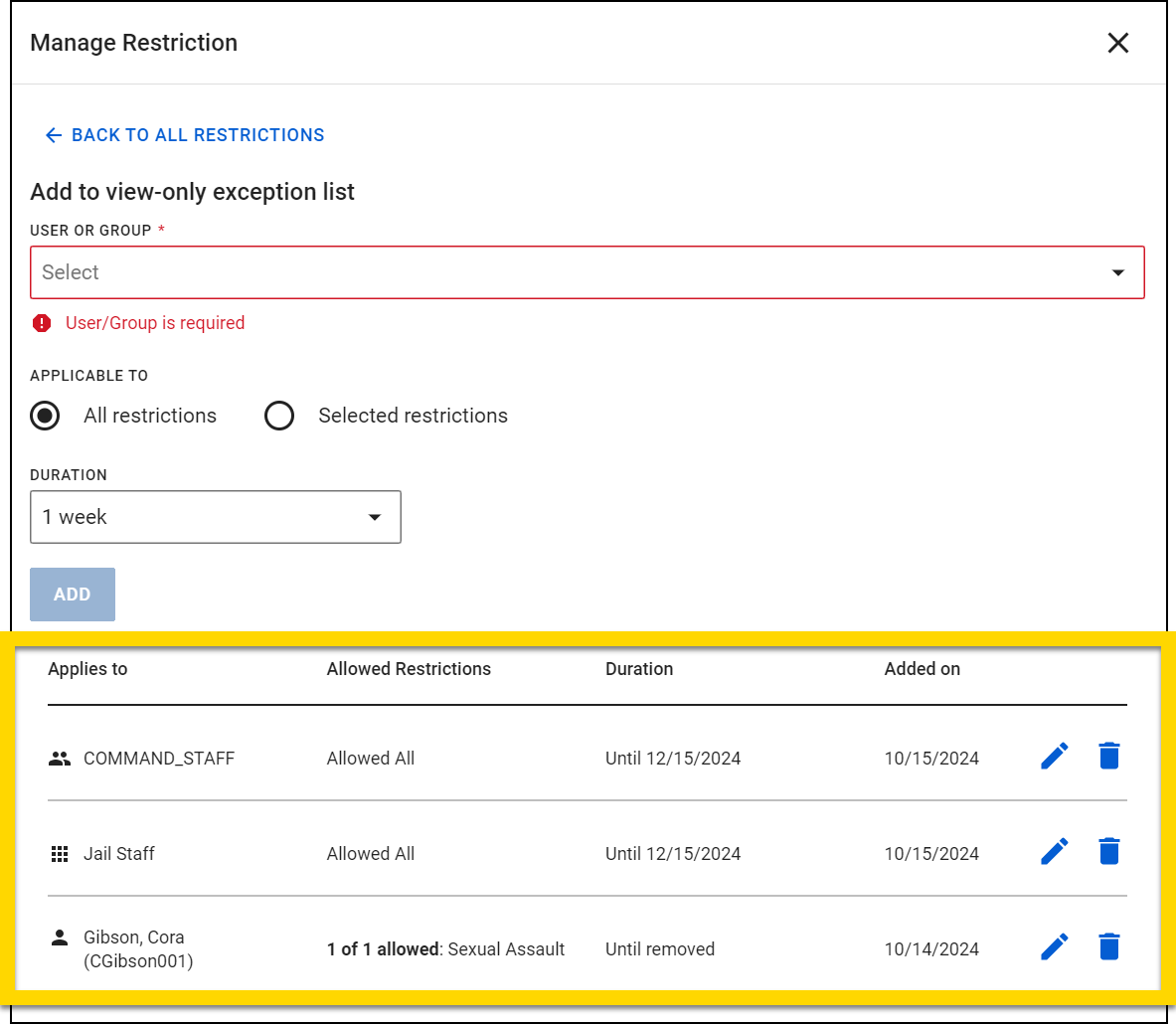 The image shows the Manage Restriction pane, allowing users to manage the view-only exception list. At the bottom, there is a list of existing exceptions, showing groups or users with their allowed restrictions, duration, and the date they were added. Each entry has options to edit or delete the exception.