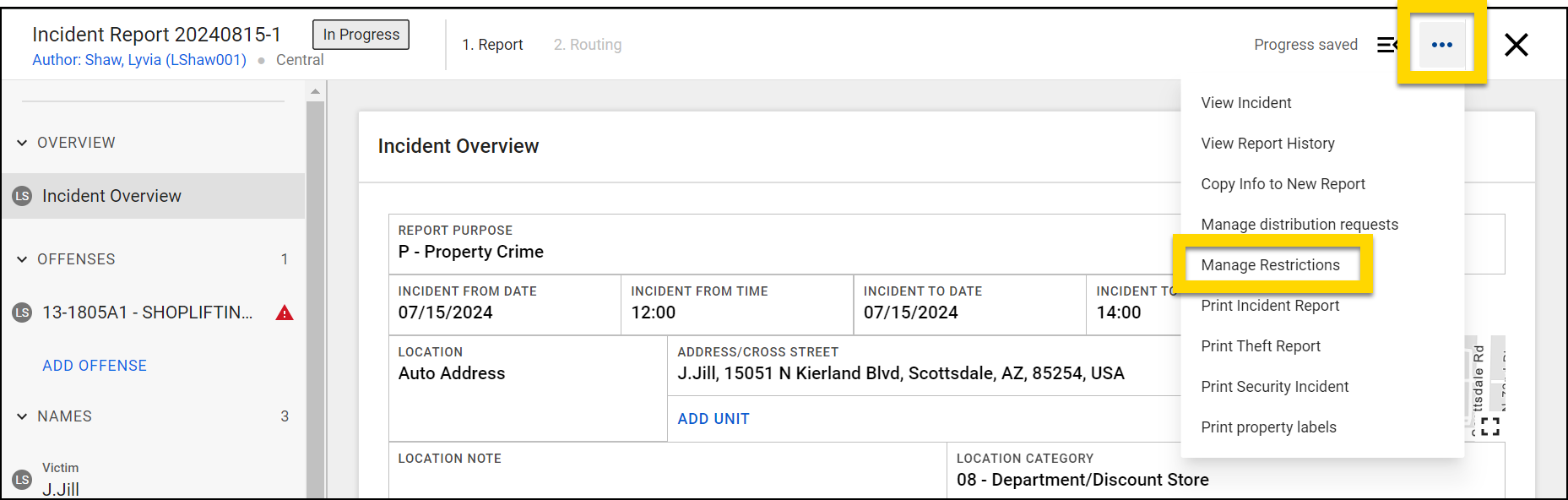 The image shows a report with the More Actions menu expnded and the Manage Restrictions option highlighted.