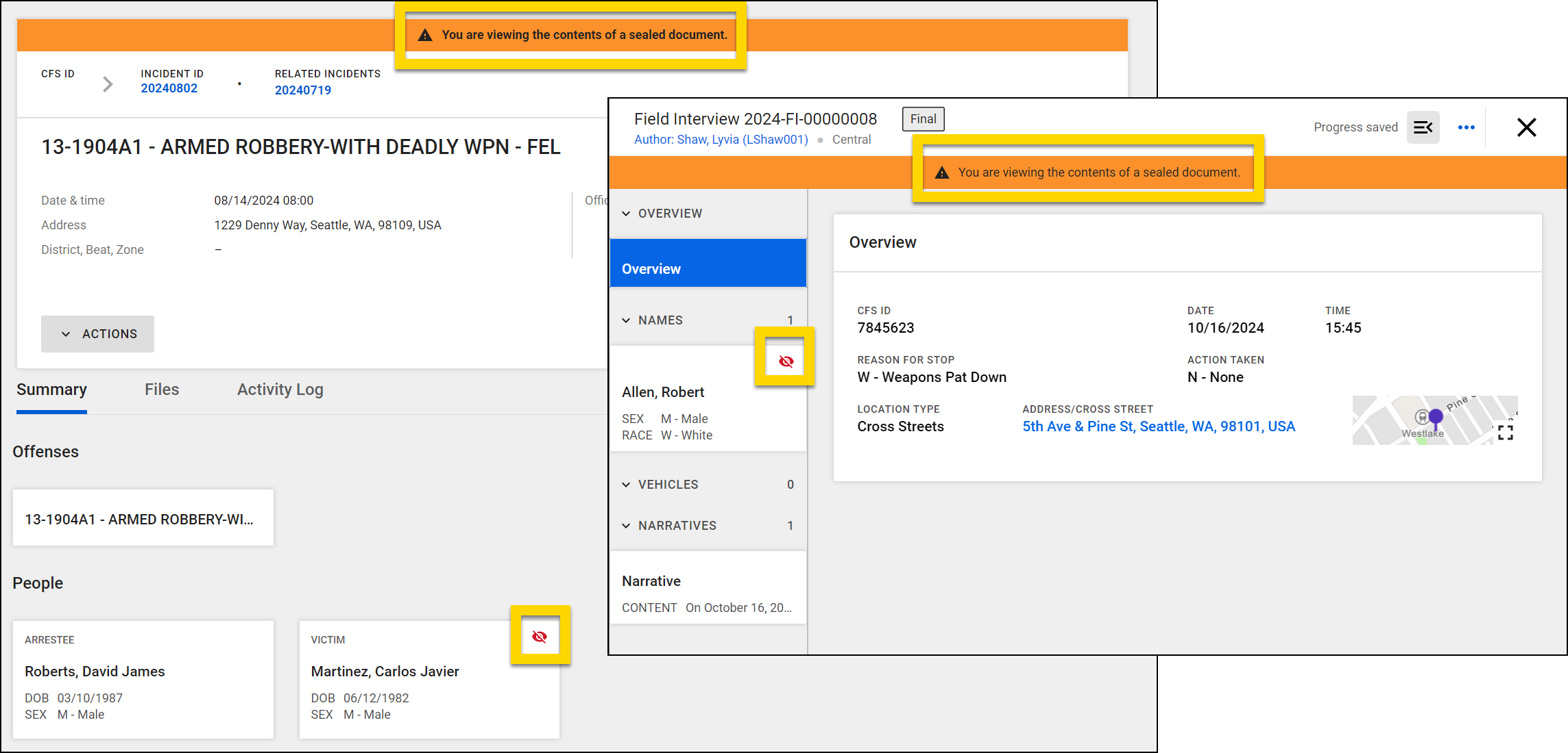 The image shows two screenshots of an incident and a report. Both have an orange banner at the top of their respective screens indicating that the user is viewing the contents of a sealed document. In each image a person is marked as having been sealed with a red lock icon.