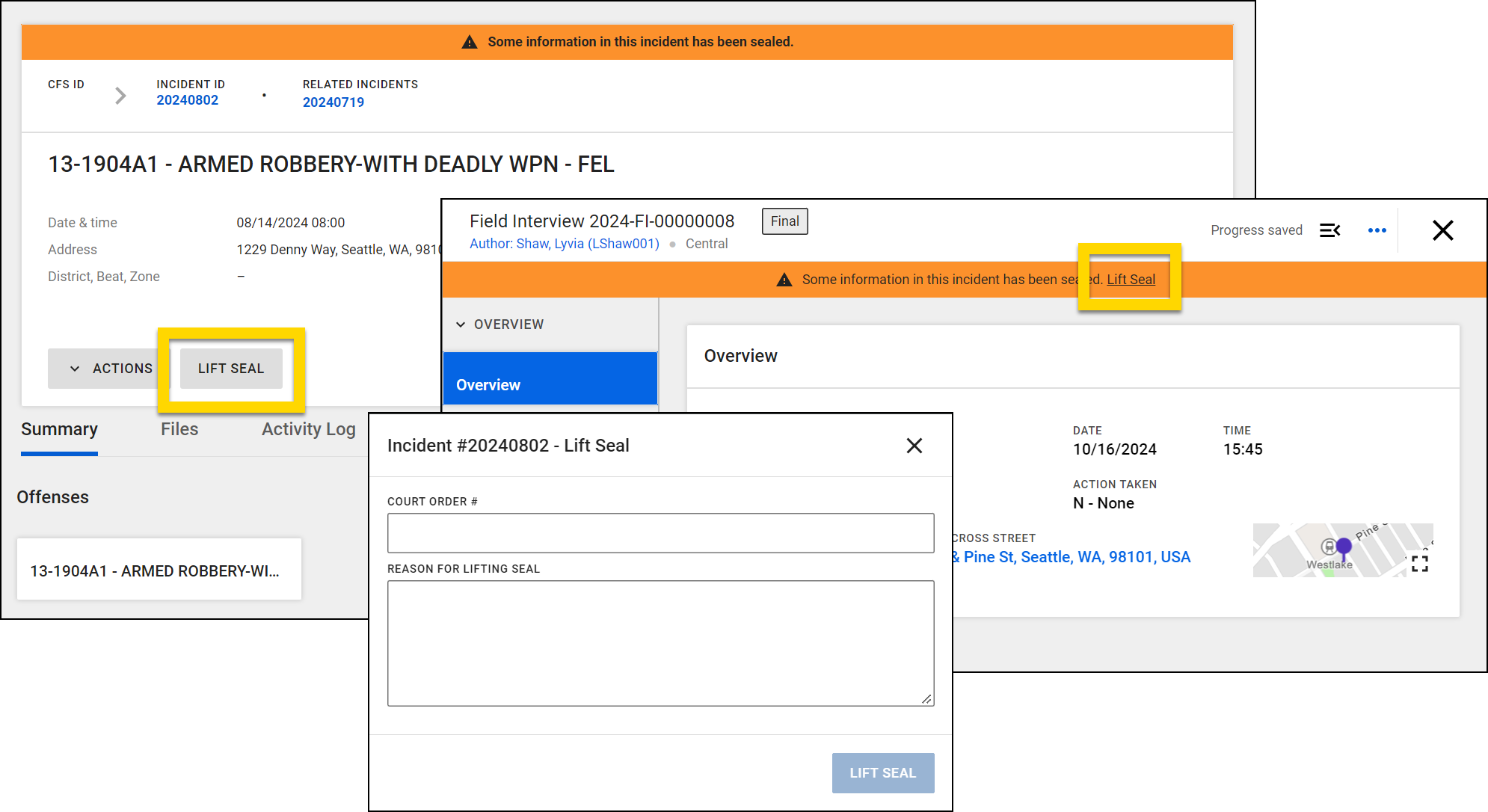 The image shows several layered screenshots. Two of them show the orange banner that appears at the top of an incident profile and report. The banner indicates that some information has been sealed, with an option to lift the seal. The third image shows a dialog box for lifting the seal, asking for the court order number and the reason for lifting the seal, with a button to lift the seal.