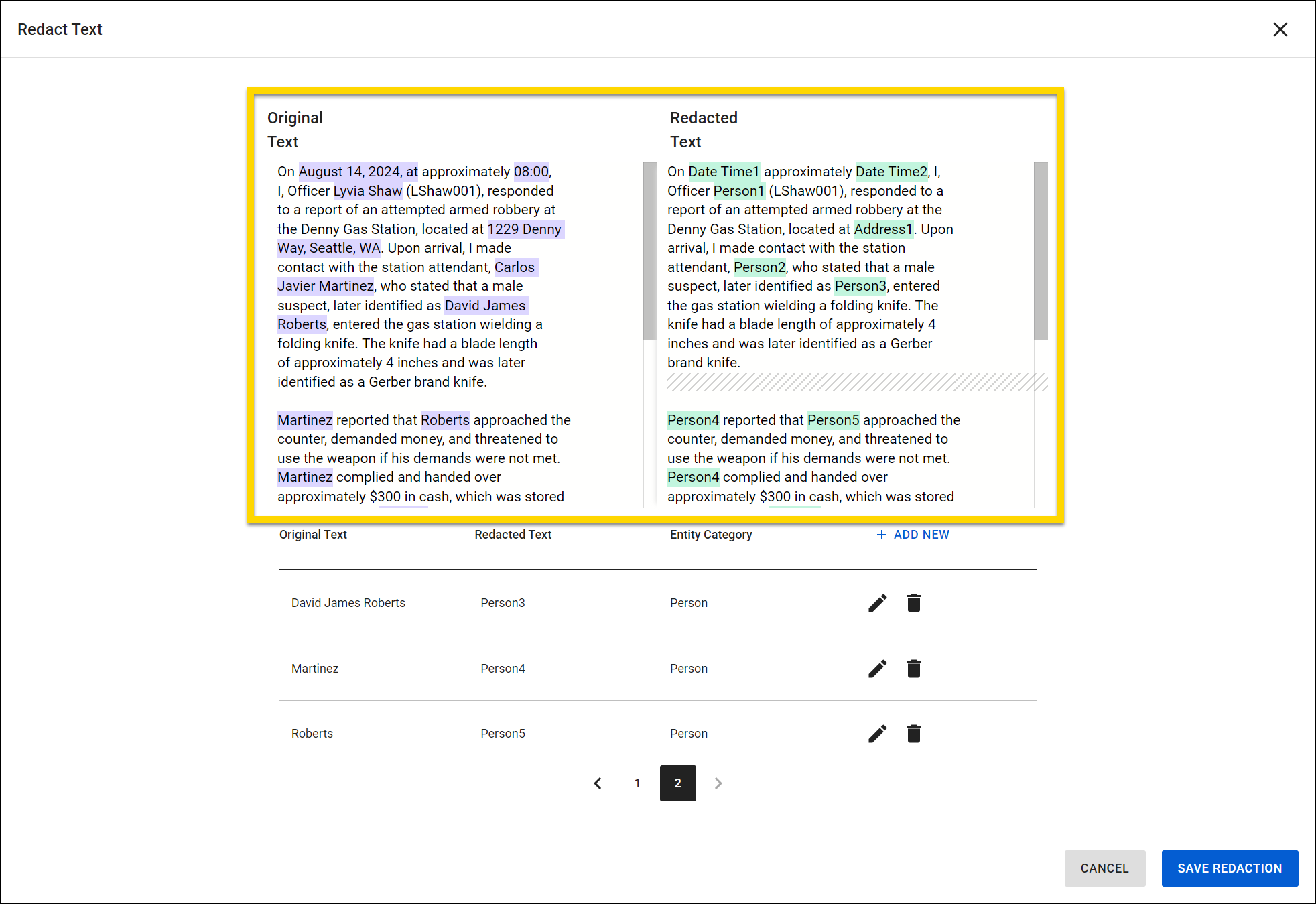 The image shows the Redact Text interface, displaying the original text on the left and the redacted text on the right. Personal information such as names, dates, and locations has been replaced with generic placeholders like Person1, Date Time1, and Address1 in the redacted version. Below, a table lists the original text alongside the redacted version for each entity, categorized as Person. Options to edit or delete the redacted entries are available. Pagination controls are shown to navigate through multiple pages, and buttons for canceling or saving the redaction are located at the bottom.