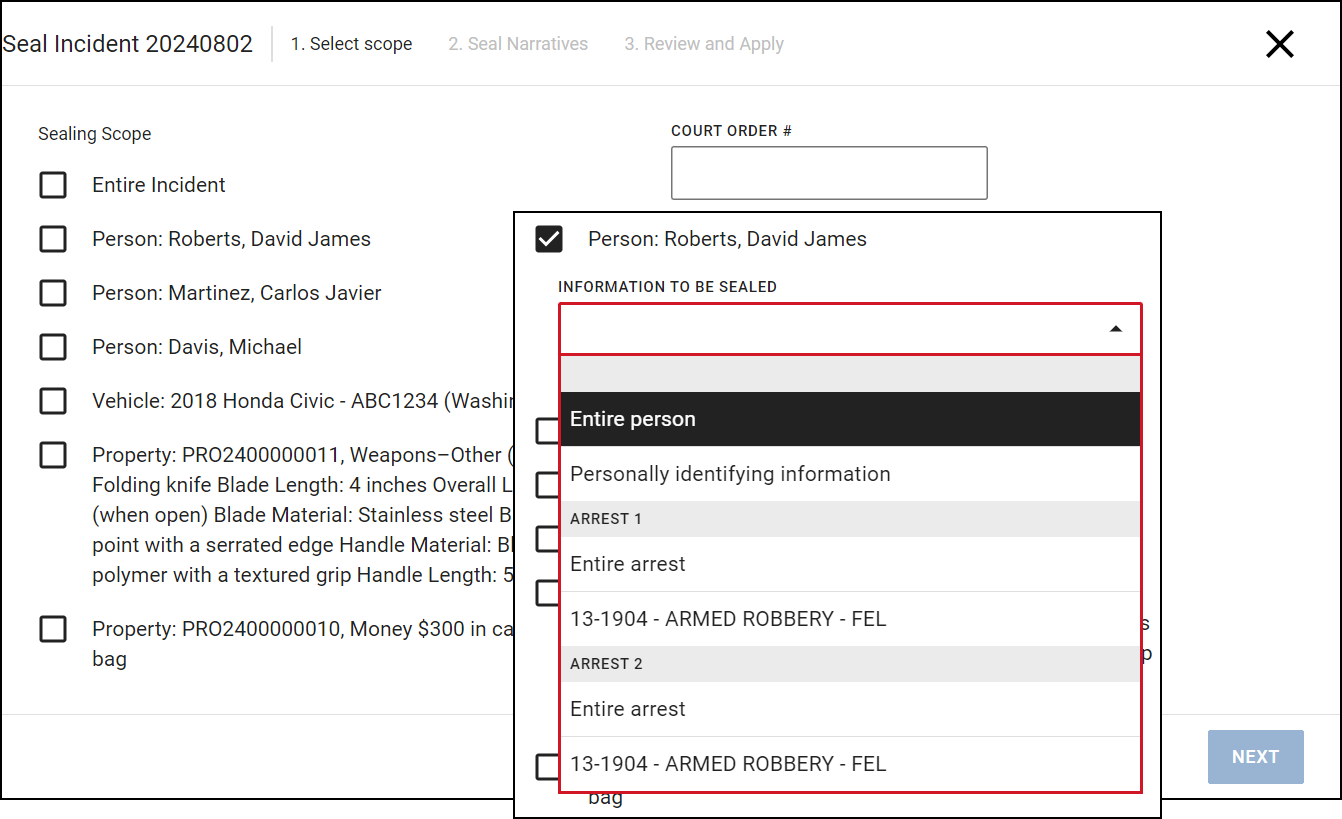 The image shows the Seal Incident window, where the user is selecting the scope of information to be sealed. Several options are listed, including the entire incident, individuals, vehicles, properties, and evidence attachments. The Person field is expanded, with the option to seal the entire person or specific information, such as personally identifying information or various arrests. A court order number field is also available at the top. The user can proceed to the next step by clicking the Next button at the bottom right.