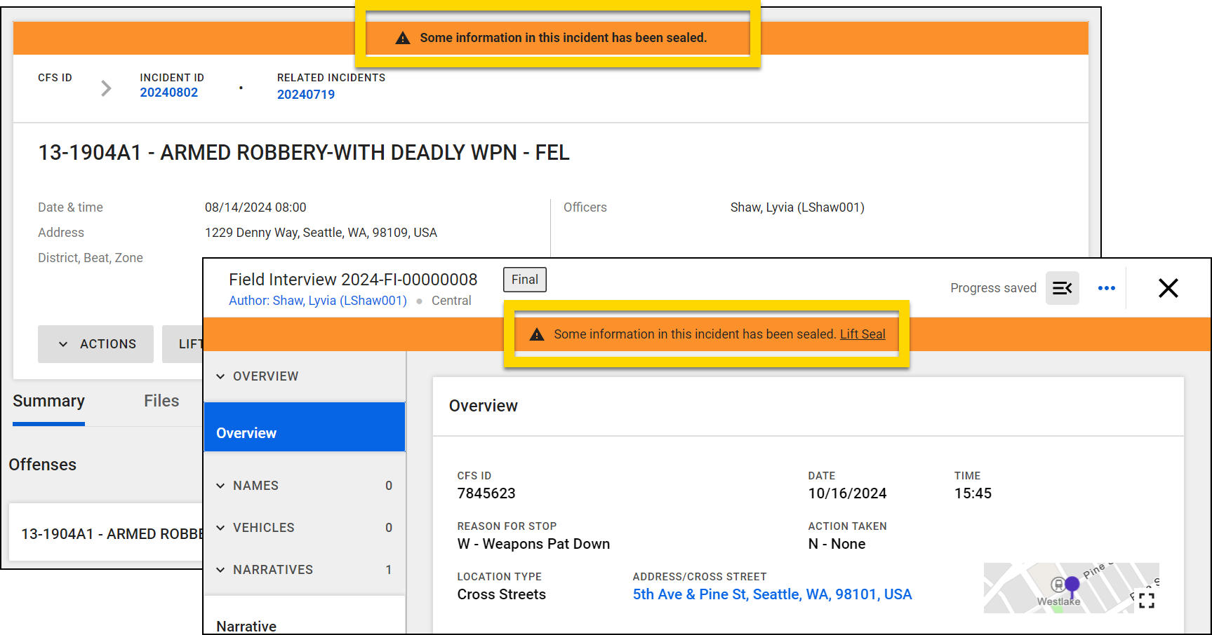 The image shows two areas where information has been sealed: an incident profile and a Field Interview report. At the top of both images, a warning bar states that some information has been sealed.