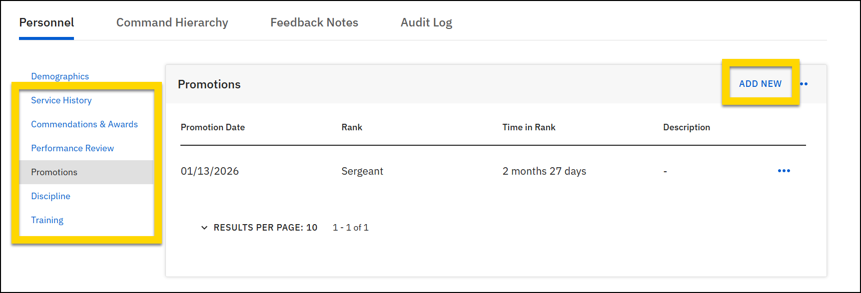 The image shows the Personnel tab on a My Profile page with a yellow highlight around the left sidebar menu options and the Add New button in the top right of the promotions table.