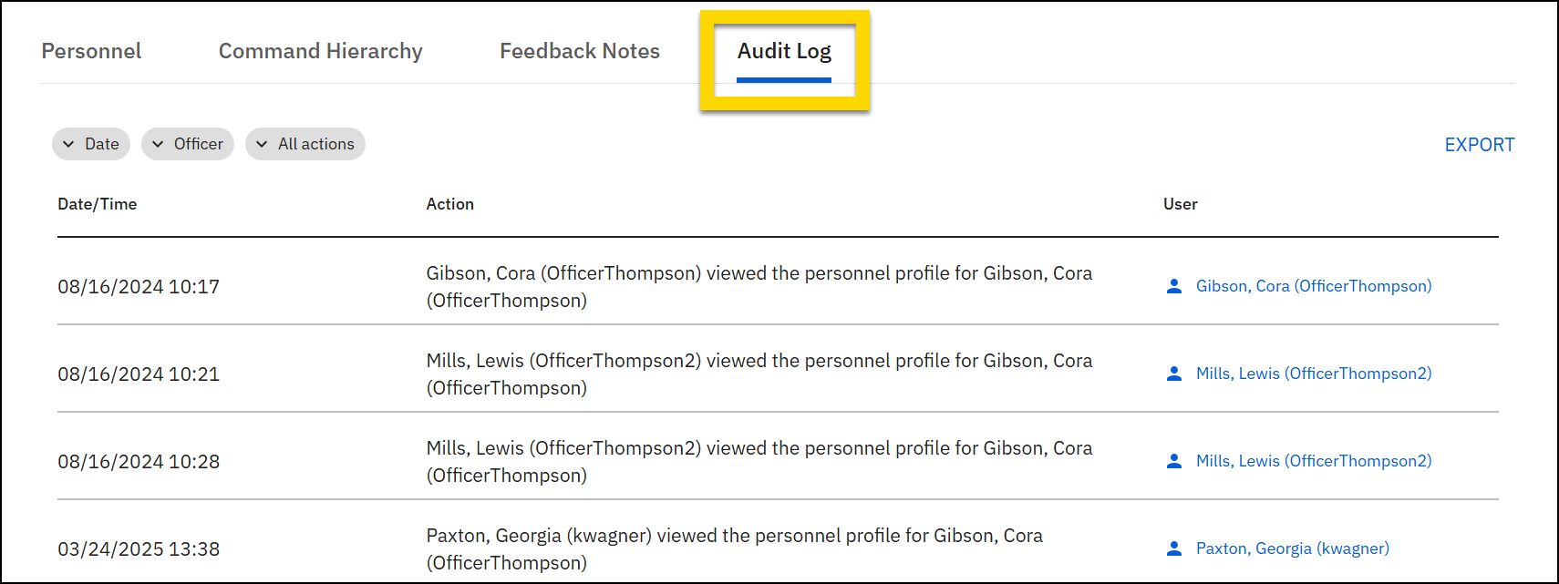 The image shows the Audit Log tab on a My Profile page.