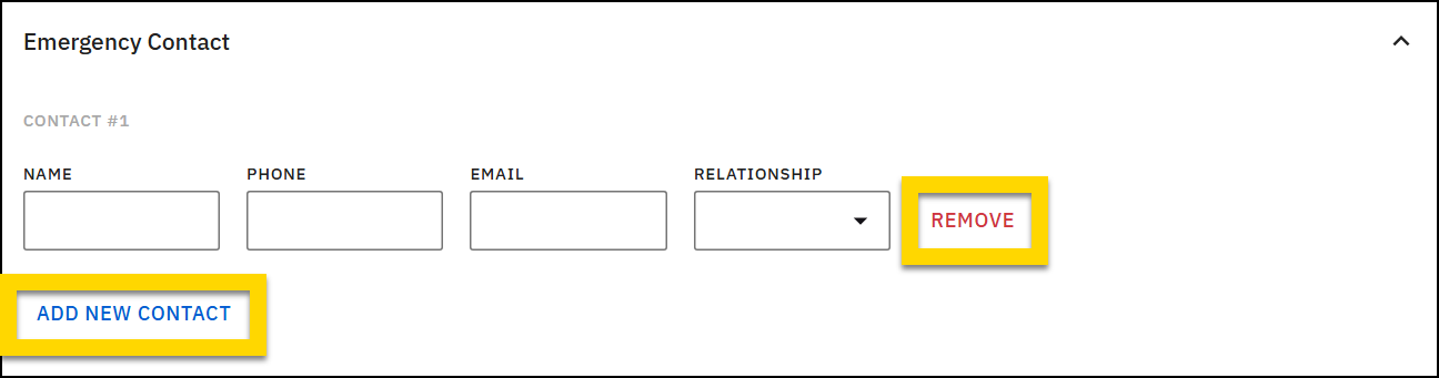 The image shows the Emergency Contact section with a yellow highlight around the Add New button on the bottom left and the Remove button to the right of the contact fields.