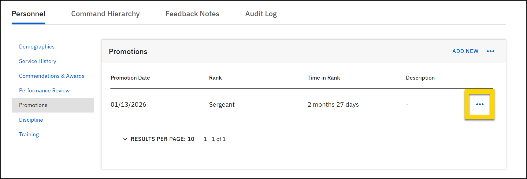 The image shows the Personnel tab on a My Profile page with a yellow highlight around the More actions menu on one of the records in the promotions table.