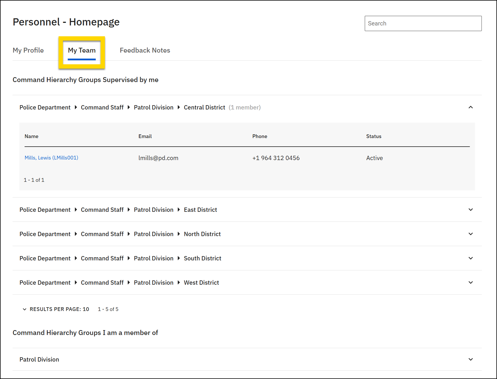 The image shows the Personnel homepage with a yellow highlight around the My Team tab and a table below listing supervised group members with their contact details and status.
