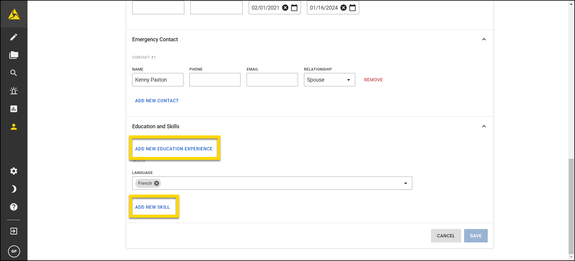 Screenshot of Add New Education and Add New Skill buttons.