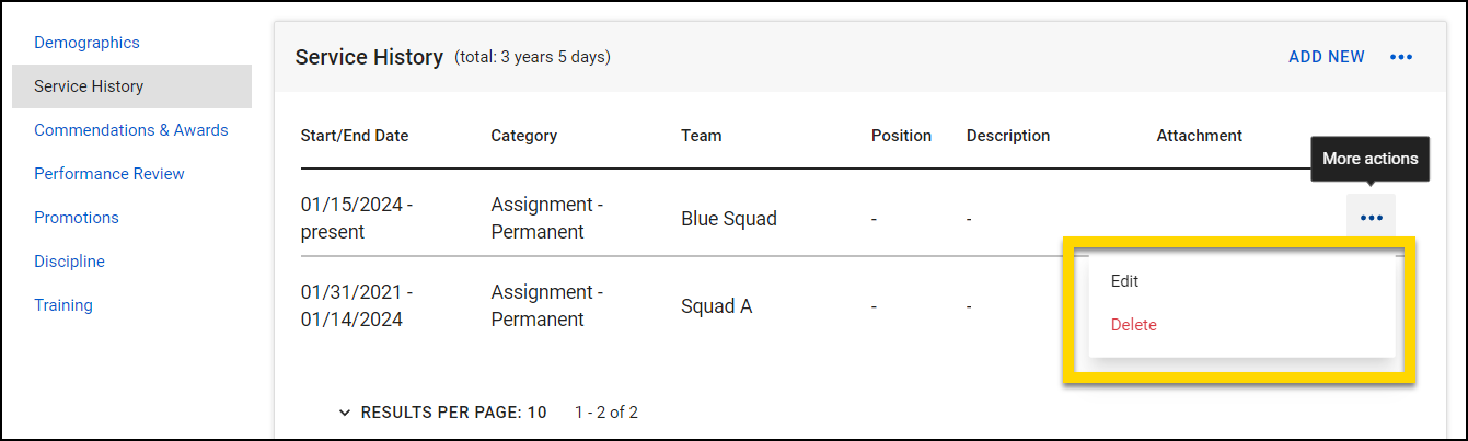 Screenshot of More Actions menu.