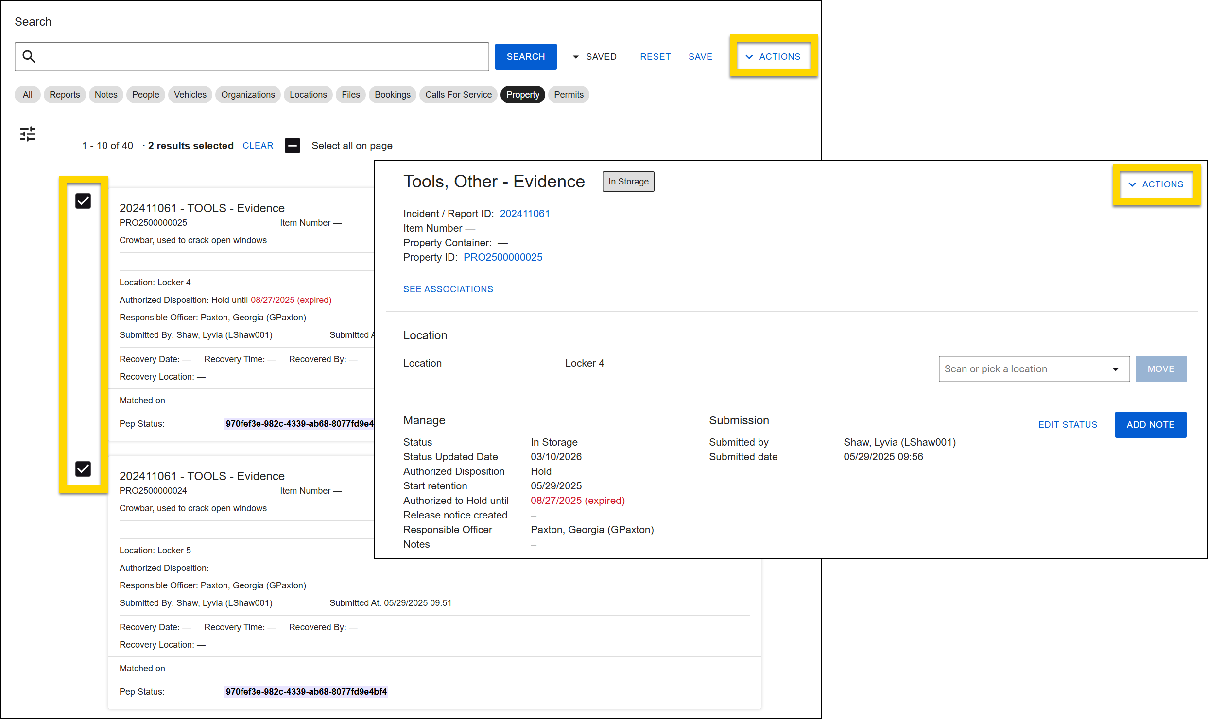 Shows property Search with two items checked and the Actions menu highlighted, as well as a property profile with its Actions menu highlighted.