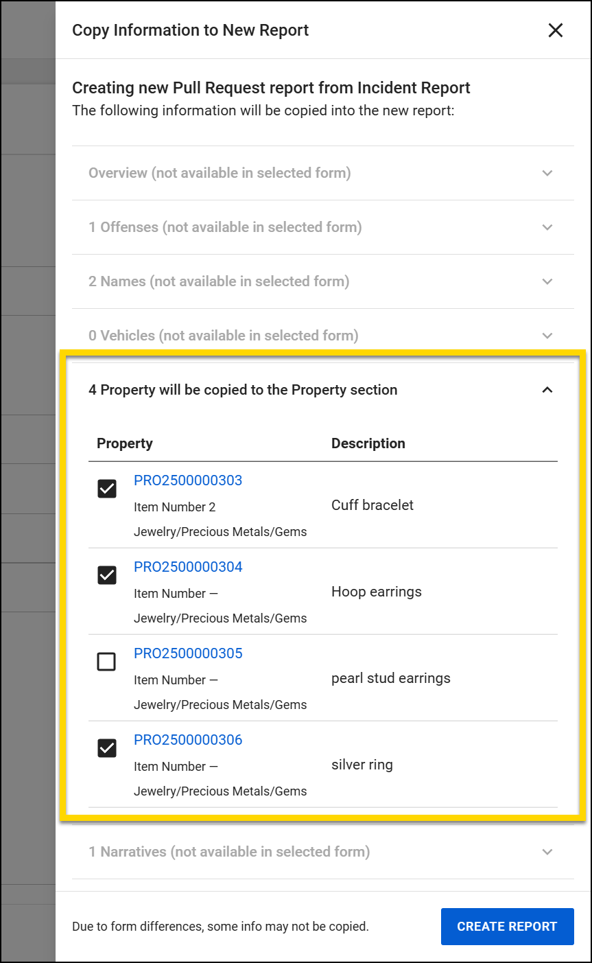 Copy Information to New Report pane showing a list of property items to be included in the pull request.