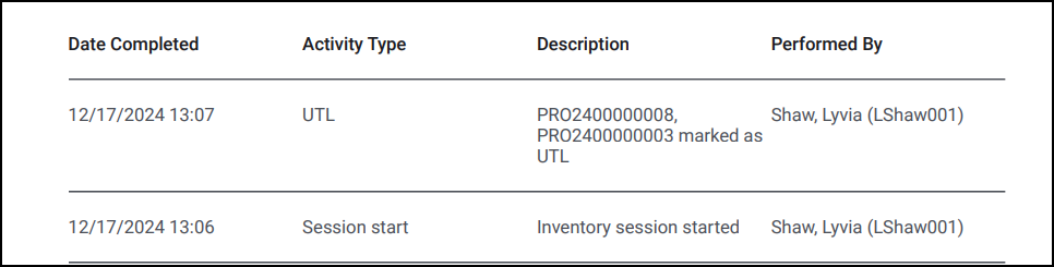 Printout showing a misplaced inventory item and when the inventory session was started.