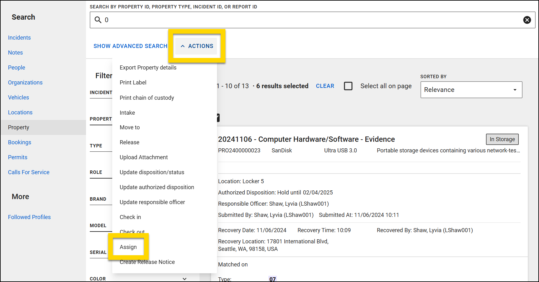 The image shows the Property Search page. The main section displays search results. The Actions menu, highlighted in yellow, lists various options with the Assign option highlighted.