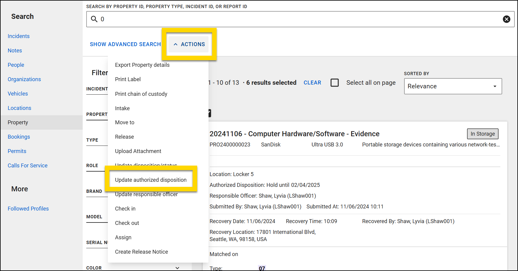 The image shows the Property Search page. The main section displays search results. The Actions menu, highlighted in yellow, lists various options with the Update Authorized Disposition option highlighted.