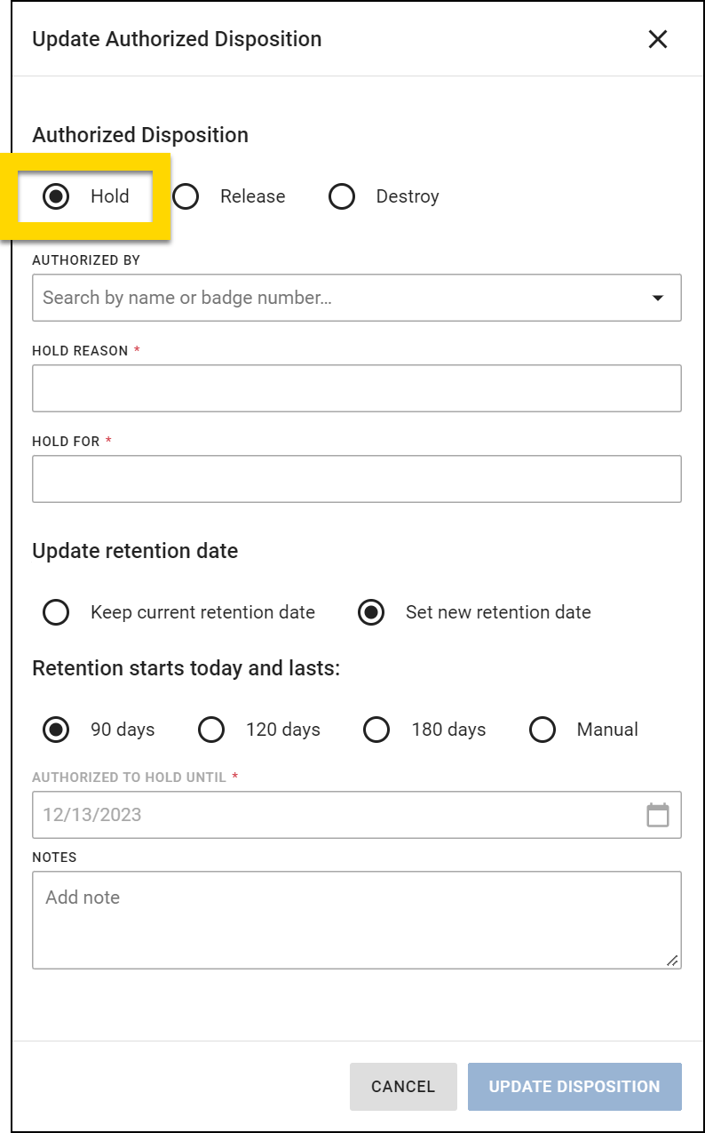 Shows the fields that appear when updating the authorized disposition to Hold.
