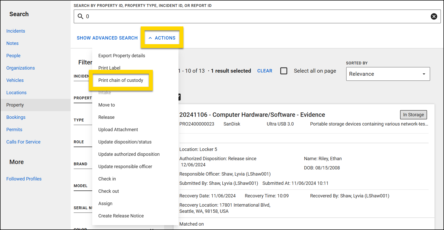 The image shows the Property Search page. The main section displays search results. The Actions menu, highlighted in yellow, lists various options with the Print chain of custody option highlighted.