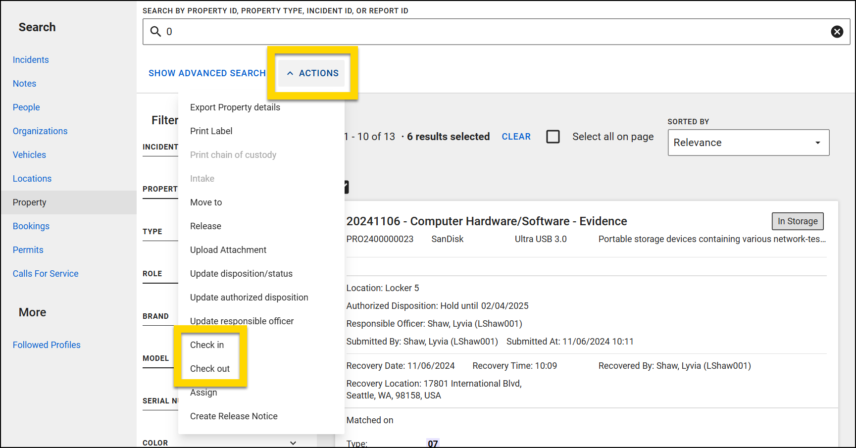 The image shows the Property Search page. The main section displays search results. The Actions menu, highlighted in yellow, lists various options with the Check In and Check Out options highlighted.