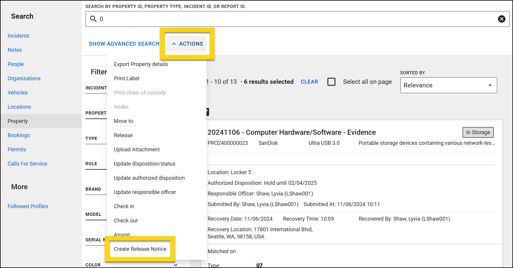 The image shows the Property Search page. The main section displays search results. The Actions menu, highlighted in yellow, lists various options with the Create Release Notice option highlighted.