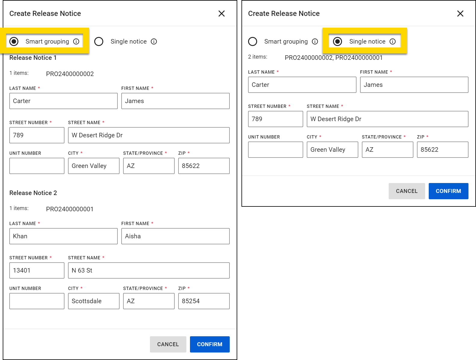 Shows the two ways release notices can be generated for multiple property items.