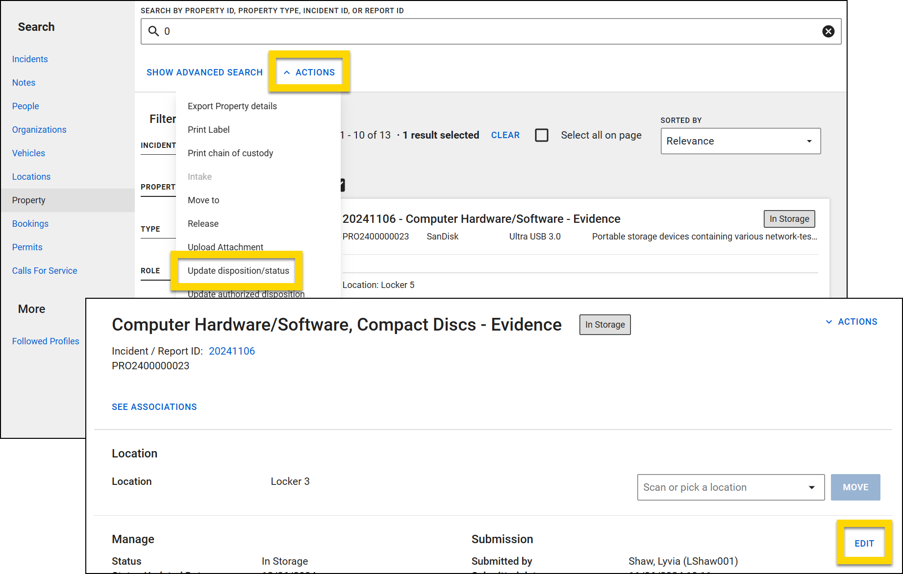The image shows two layered screenshots. In the top image, the Property Search page is shown. The main section displays search results. The Actions menu, highlighted in yellow, lists various options with the Update Disposition/Status option highlighted. The bottom image shows a property profile for Computer Hardware/Software Comapct Discs. The Edit button in the Manage section is highlighted in yellow.