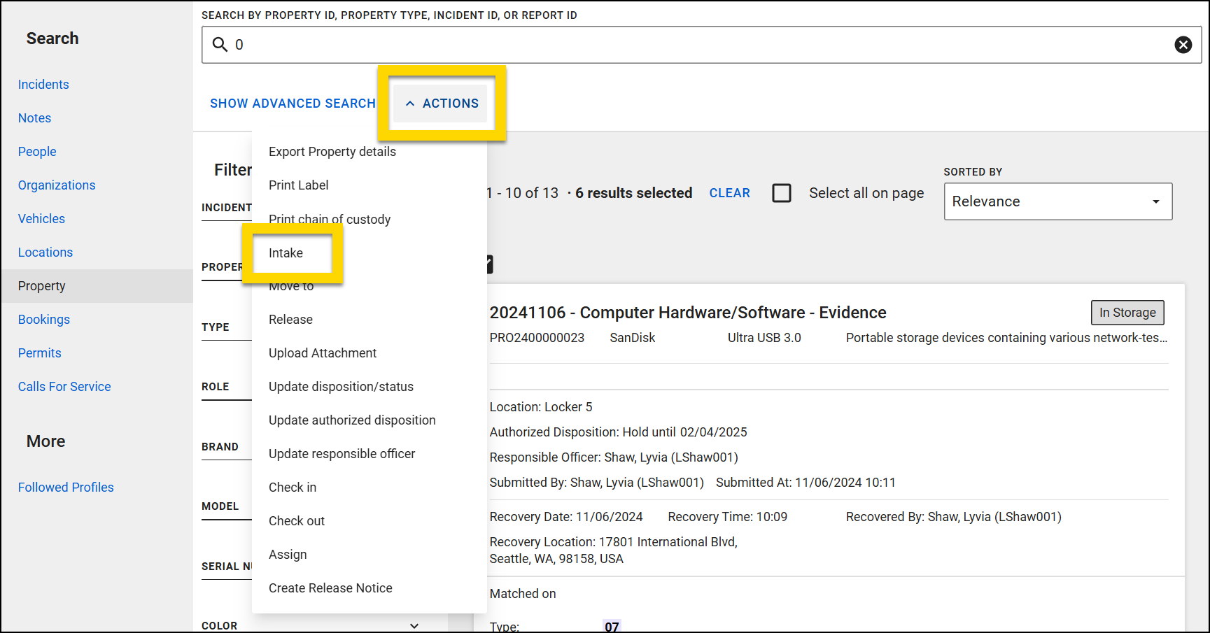The image shows the Property Search page. The main section displays search results. The Actions menu, highlighted in yellow, lists various options with the Intake option highlighted.