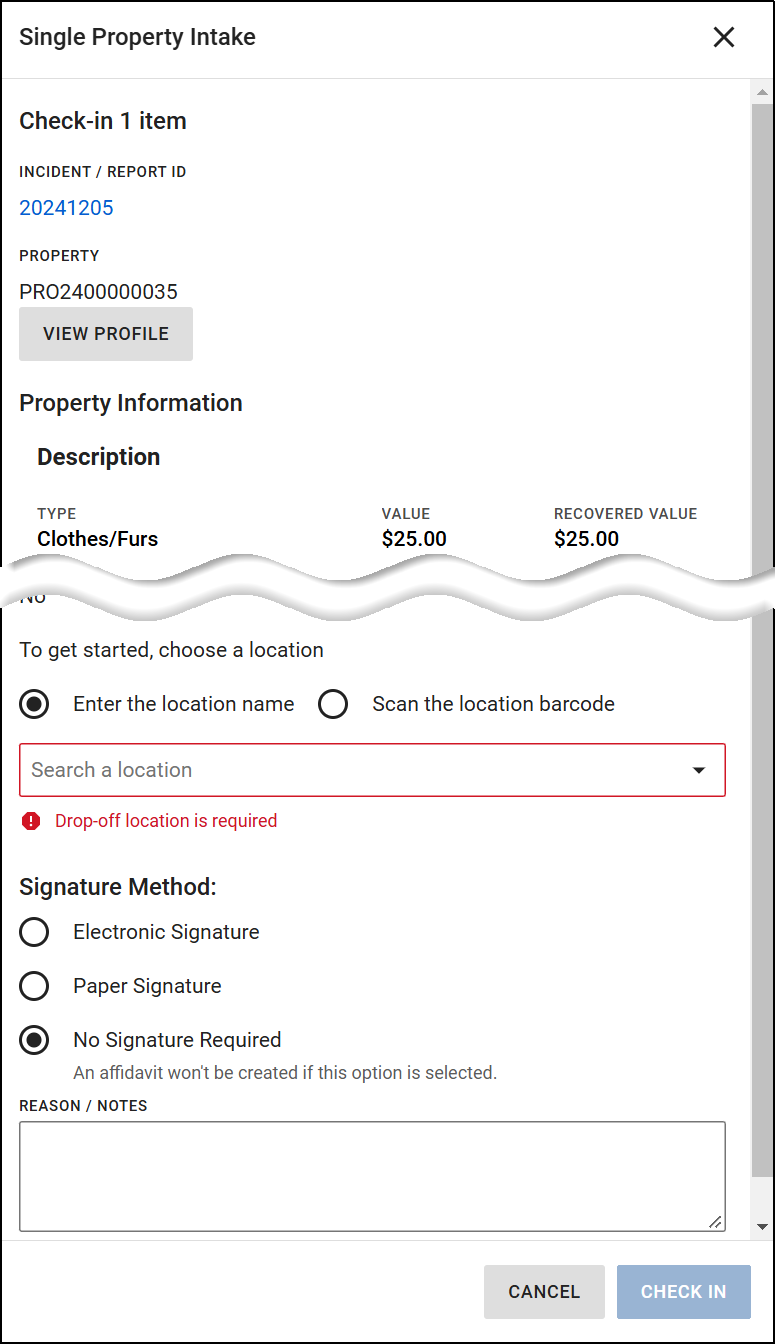 The image shows the Single Property Intake interface for checking in one item. A View Profile button is available for additional details. The Property Information section lists the item type and value. Users are prompted to select a drop-off location by entering the location name or scanning a location barcode. The Signature Method section offers options for Electronic Signature, Paper Signature, or No Signature Required. A text box is available for entering reason/notes, and buttons for Cancel and Check In are at the bottom.
