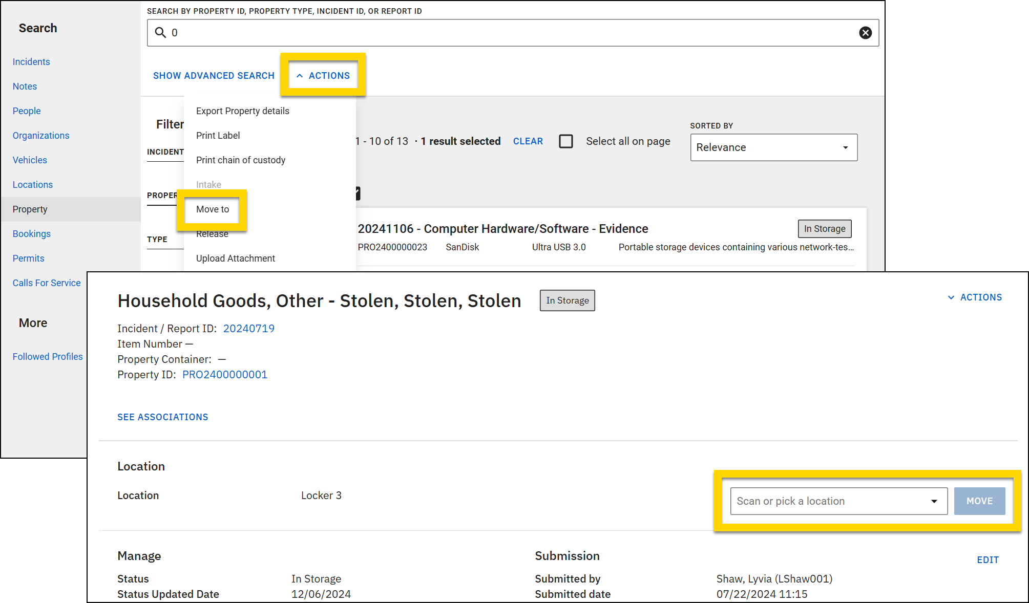 The image shows two layered screenshots. In the top image, the Property Search page is shown. The main section displays search results. The Actions menu, highlighted in yellow, lists various options with the Move to option highlighted. The bottom image shows a property profile for Computer Hardware/Software Comapct Discs. The Scan or pick a location field is highlighted in yellow.